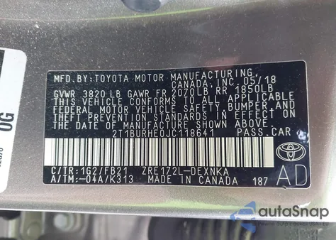 2018 Toyota Corolla Le from USA, damaged, VIN 2T1BURHE0JC118641